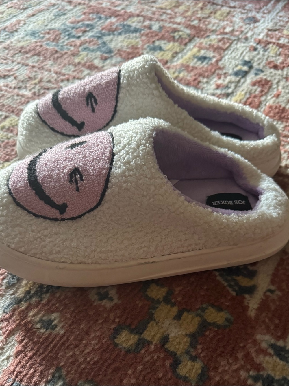 Joe Boxer Cream Plush  Slip-On Footies with Pink Smiley